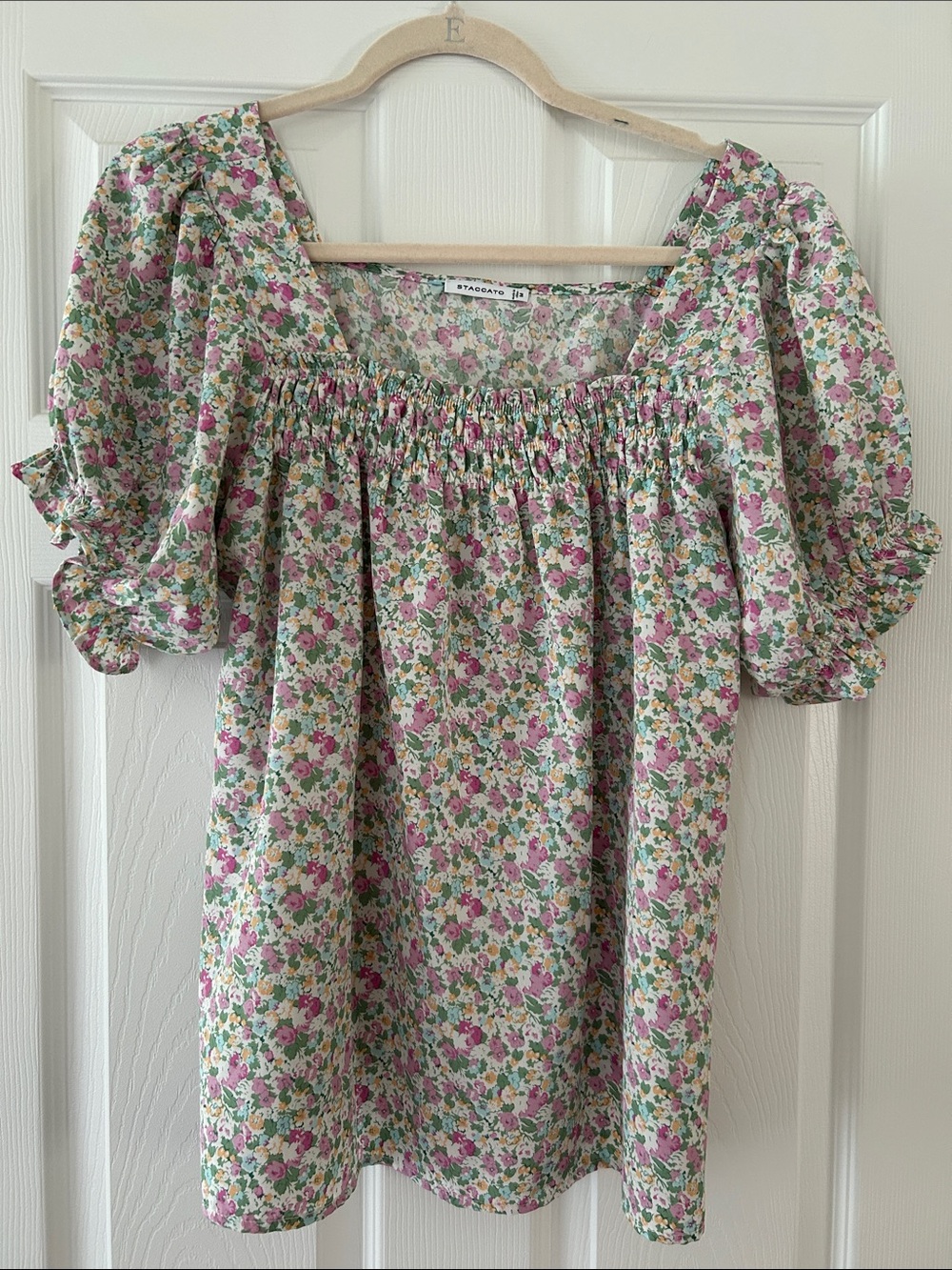 Staccato Pink Green Floral Smocked Square-Neck Blouse